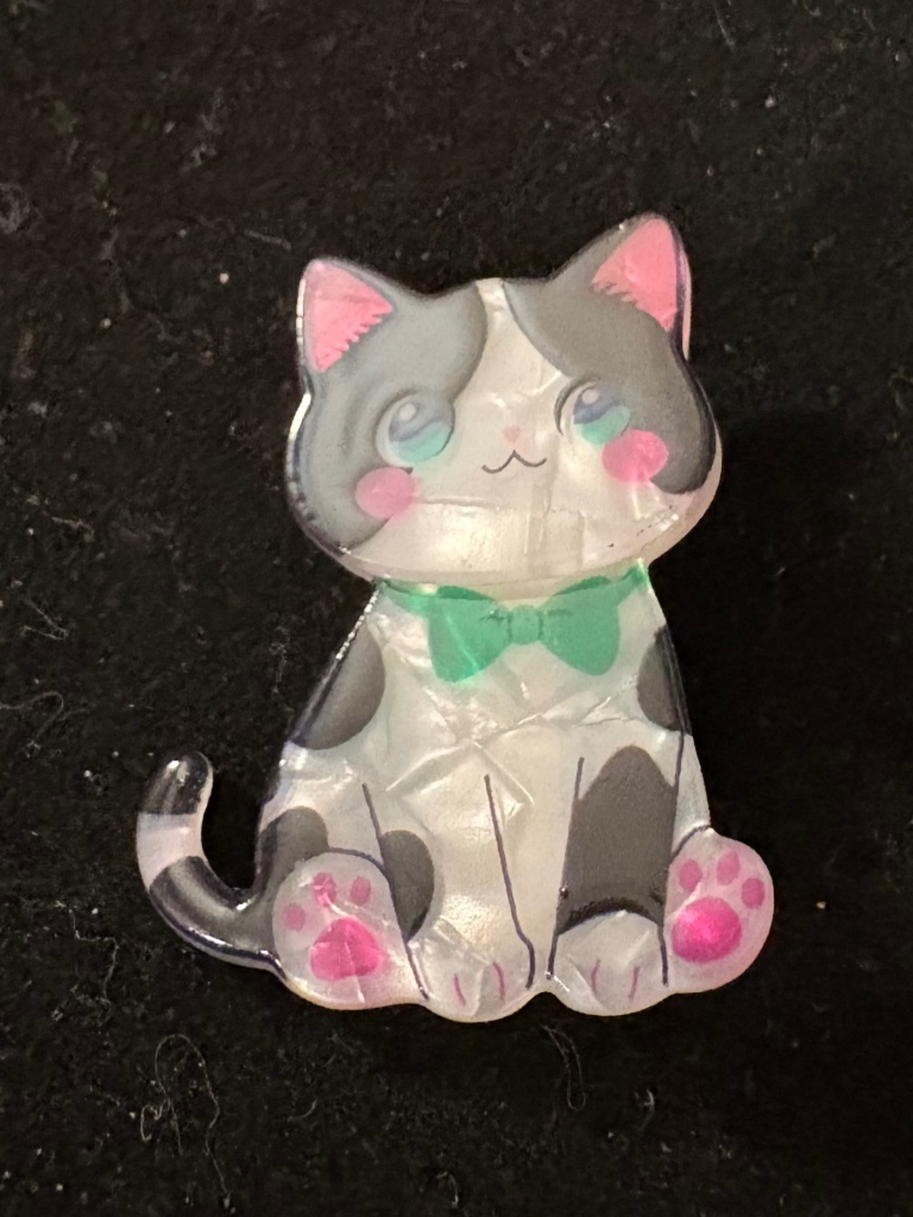Black & White Cat Brooch Pin Kitty Bow Tie Acrylic Jewelry